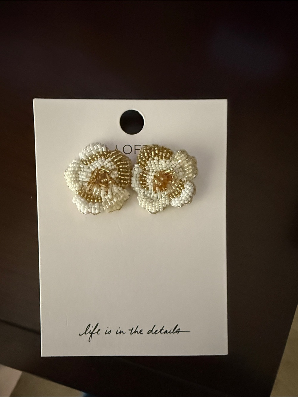 LOFT Gold and White Beaded Flower Stud Earrings